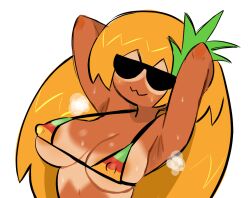 1girls :3 anonymous_artist armpits arms_behind_head arms_up big_breasts bikini breasts eyewear female female_only hair human humanized humanoid long_hair nipple_bulge orange_hair pineapple_toppin pizza_tower simple_background smile solo steam steaming_body sunglasses sweat tan_body tan_lines tanline toppin_gals toppin_gals_minus8 white_background