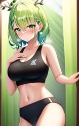 ai_generated ceres_fauna green_eyes green_hair hand_on_breast hololive hololive_english panties sports_bra virtual_youtuber yo_dayo_(ai)