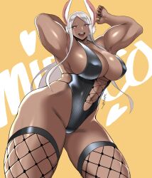 1girls animal_ears big_breasts breasts brown_eyes bunny_ears cleavage dark-skinned_female dark_skin female female_only fishnet fishnet_legwear fishnet_thighhighs fishnets hair hips huge_breasts latex lips long_hair miruko my_hero_academia open_mouth rumi_usagiyama shibusun smile solo solo_female thick_thighs thighhighs thighs white_hair wide_hips