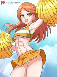 1girls abs alternate_costume armpits bare_midriff bare_thighs breasts cheerleader commission etie_(fire_emblem) female female_only fire_emblem fire_emblem_engage green_eyes hayato_stuff kyoka_jiro_(cosplay) long_hair looking_at_viewer midriff my_hero_academia nintendo open_mouth orange_hair panties pantyshot pantyshot_(standing) skirt_lift small_breasts smile solo thighs underboob underwear upside-down white_panties