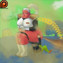 1boy 1boy1girl 1girls armor ass big_ass big_breasts big_butt bonyu breasts dragon_ball facesit facesitting fart fart_cloud fart_fetish femdom human_chair nightmarexbx oc original original_character original_characters red_skin white_hair