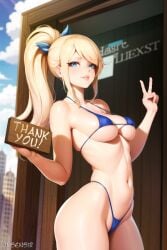 ai_generated bikini blonde_hair blue_bikini holding_object medium_breasts micro_bikini skindentation swimsuit swimwear unsensir