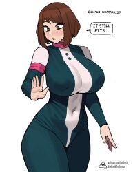 1girls aged_up belly_button_visible_through_clothing big_breasts bob_cut breasts brown_eyes brown_hair busty curvaceous curves curvy curvy_body curvy_female curvy_figure curvy_hips donburikazoku english_text female female_only hero_outfit_(mha) heroine huge_breasts large_breasts milf my_hero_academia nipple_bulge ochako_uraraka older_female superhero superhero_costume text text_bubble thick thighs tight_clothes tight_clothing trying_on_clothes