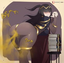 1girls bangs bent_over big_ass big_butt black_hair books fart fart_cloud fart_fetish farting fire_emblem fire_emblem_awakening grey_eyes looking_at_viewer looking_back looking_back_at_viewer nintendo onomatopoeia pantyhose purple_background rear_view smile solo tharja_(fire_emblem) thick_thighs zaina_art99