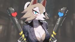 1girls 2d anthro baseball_bat blue_eyes blush blush breasts brown_fur cleavage clothing cute_fang detailed_background drunkoak female female_anthro female_focus female_only female_pokemon heart large_breasts lycanroc nintendo pokémon_(species) pokemon pokemon_sm scar_across_eye scars smile solo text weapon wolf wolf_ears wolf_girl