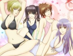 4girls armpits arms_up big_breasts bikini black_bikini black_hair blonde_hair blue_swimsuit brown_eyes brown_hair cleavage eye_patch facial_scar female female_only flat_chest gintama glasses_removed long_hair mole_under_eye multiple_girls official_alternate_costume on_side one-piece_swimsuit pink_swimsuit ponytail purple_eyes purple_hair reclining sarutobi_ayame shimura_tae shiroyasha sideboob sitting small_breasts swimsuit tsukuyo twintails white_bikini yagyuu_kyuubei