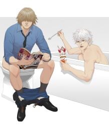 2boys bath bathing bathroom bathtub brown_hair class_3-z clothed_male_nude_male facial_hair food full_body gb_(doubleleaf) gintama gintoki_sakata glasses goatee hair_over_eyes hattori_zenzou humor light_brown_hair looking_at_viewer looking_back male male_only muscular_male nude official_alternate_costume pants_down parfait reading shounen_jump sleeves_rolled_up teacher teachers toilet toilet_use walked_in_on white_hair