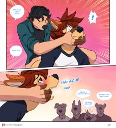 anthro anthro_on_anthro blush canid canine canis clothed clothing comic domestic_dog duo exclamation_point floppy_ears group hair herpestid hi_res inner_ear_fluff interspecies male male/male mammal meerkat page_7 rivas_(yuguni) sex spanish_text text translation_request tuft yuguni yuguni_(yuguni)