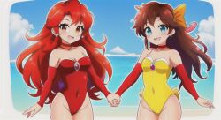 2girls ai_generated blue_eyes breasts brown_hair cleavage detached_sleeves eyebrows eyebrows_visible_through_hair female female_only light-skinned_female light_skin navel one-piece_swimsuit open_mouth orange_eyes red_hair red_one-piece_swimsuit sea small_breasts swimsuit yellow_one-piece_swimsuit