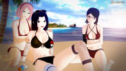 3girls adult bare_legs bare_shoulders big_breasts bikini boruto:_naruto_next_generations breasts cleavage female female_only gilf grandmother_and_granddaughter koikatsu mature mature_female midriff milf mother-in-law_and_daughter-in-law mother_and_daughter multiple_girls naruto naruto_(series) naruto_shippuden ocean older_female otsukira outdoors sakura_haruno sarada_uchiha sea seaside sunglasses sunglasses_on_head swimsuit teenager uchiha_mikoto uchiha_symbol water young younger_female