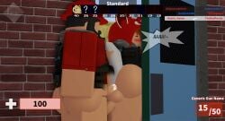 1boy 1futa 3d ahe_gao arsenal_(rolve) ass ass_focus big_ass bottomless cum cum_in_ass dialogue english_text game_ui heyits_aaron hood male/female orange_hair rape raped red_panda_(rolve) roblox roblox_game robloxian rolve secretly_loves_it sex_from_behind soldier_(rolve) stuck stuck_in_door tail tail_grab text vaginal_penetration