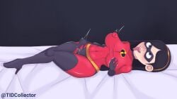 1girls ahe_gao black_hair blue_eyes clothed erect_nipples high_heels masked_female masturbation muscular pussy_juice smooth_skin solo spandex the_incredibles tidcollector violet_parr visible_areolae visible_nipples