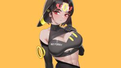 2d bare_shoulders belly_button black_hair blush breasts cleavage cleavage_cutout dark-skinned_female dark_skin drunkoak elbow_gloves female female_focus female_only female_pokemon gloves hand_on_breast hand_on_own_chest large_breasts looking_at_viewer muscular muscular_female nintendo pokémon_(species) pokemon pokemorph red_eyes rings text toned toned_female umbreon umbreon_(cosplay) yellow_background