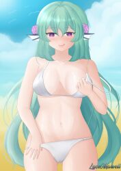 1girls ass_visible_through_thighs bare_midriff bare_shoulders belly_button big_breasts bikini blush exposed_shoulders exposed_torso finana_ryugu flowers flowers_in_hair green_hair head_fins heart-shaped_pupils hi_res highres licking_lips lucya_marcella_(lucemarvell) midriff navel nijisanji nijisanji_en purple_eyes solo swimsuit taking_clothes_off tongue tongue_out undressing virtual_youtuber white_bikini