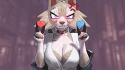 1girls 2d anthro biting_lip blush bowtie breasts brown_fur choker cleavage clothing detailed_background double_peace_sign drunkoak female female_anthro female_focus female_only female_pokemon heart large_breasts lycanroc nintendo peace_sign pink_eyes pokémon_(species) pokemon pokemon_sm scar_across_eye scars solo wolf wolf_ears wolf_girl