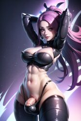 1futa ai_generated bulge cyberpunk futa_only futanari futawarp penis purple_hair skin_tight solo