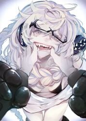 abyssal_ship bangs bikini black_bikini black_gloves braid breasts female finger_in_another's_mouth glasses gloves highres kantai_collection leaning_forward long_hair messy_hair ruohire9 sharp_teeth small_breasts solo_focus supply_depot_hime swimsuit tears teeth thigh_gap white-skinned_female white_background white_hair