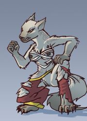 2013 angry anthro bottomwear breasts claws clothing female fur genitals gnoll grey_body grey_fur hyena lonelyworld looker looking_at_viewer mammal nipples pants pussy solo tattoo torn_bottomwear torn_clothing torn_pants