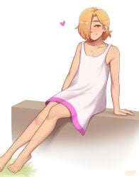 1boy barefoot boy caleb_(dross) cute cute_male dress dross feet femboy freckles girly hair_over_one_eye high_resolution looking_at_viewer male male_only original simple_background solo solo_male twink