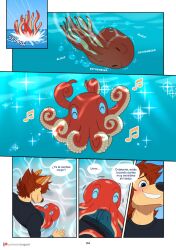 anthro blush bulge canid canine canis cephalopod coleoid comic countershade_tentacles countershading domestic_dog duo feral hair hi_res inner_ear_fluff male male_focus mammal marine mollusk musical_note octopodiform octopus osem_(yuguni) page_4 red_tentacles smile solo spanish_text tentacle text tuft underwater water yuguni yuguni_(yuguni)