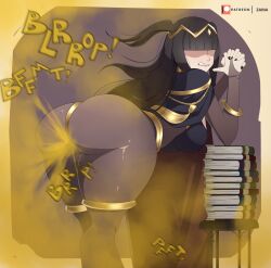 1girls bangs bent_over big_ass big_butt black_hair books clenched_teeth fart fart_cloud fart_everywhere fart_fetish farting fire_emblem fire_emblem_awakening looking_at_viewer looking_back looking_back_at_viewer nintendo no_eyes onomatopoeia pantyhose purple_background rear_view solo tharja_(fire_emblem) thick_thighs zaina_art99