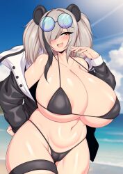 1girls arknights beach big_breasts breasts eyewear_on_head feater_(arknights) female female_only hair_over_one_eye huge_breasts light-skinned_female light_skin outside solo sunglasses_on_head tagme tailzkim