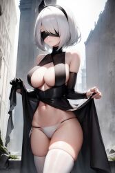 ai_generated blindfold breasts dress legwear nier:_automata shinshiai square_enix stable_diffusion thong_leotard underwear white_hair yorha_2b