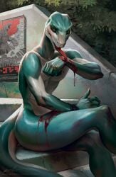 bleeding blood blue_skin bonifasko bruise bruised closed_eyes detailed_background green_skin licking male muscular nails nature pleasure_face scalie sitting solo_male stairs tongue tongue_out white_markings wounded zyrkah