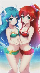 2girls ai_generated bad_anatomy bad_hands bangs blue_eyes blue_hair bra breasts cleavage eyebrows_visible_through_hair female female_only green_bra green_eyes holding_hands light-skinned_female light_skin pleated_skirt red_bra red_hair red_skirt sea skirt small_breasts smile