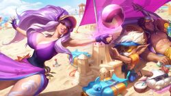 alternate_breast_size beach blush gritted_teeth heimerdinger huge_breasts jarvan_lightshield_iv league_of_legends muscular_male official_artwork_edit pool_party_heimerdinger pool_party_jarvan_iv pool_party_series pool_party_syndra riot_games sutton184_edits syndra thick_thighs third-party_edit toned toned_female volleyball wide_hips