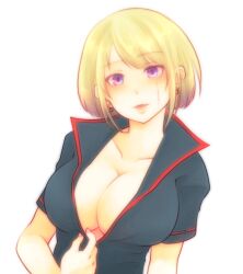 absurd_res alternate_costume big_breasts blonde_hair bob_cut cleavage earrings facial_scar female female_only gintama hair_down hi_res no_bra open_shirt paleatus parted_lips popped_collar purple_eyes short_hair smile solo tsukuyo wearing_others_clothes