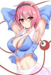 1girls armpits arms_behind_back arms_behind_head arms_up blush crop_top kaeranu_kaeru large_breasts looking_at_viewer navel no_bra satori_komeiji short_hair skirt solo touhou upper_body