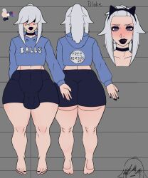 1boy ass blake_(slushiebest) bulge choker feet femboy flaccid hair_over_eyes heart-shaped_pupils hoodie large_ass lipstick male male_only nails_painted original_character reference_sheet slushiebest small_penis tight_clothing tight_fit visible_genital