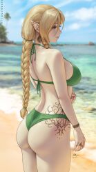 beach big_ass big_butt bikini bikini_bottom bikini_top blonde_female blonde_hair bubble_ass bubble_butt elf elf_ears elf_female elf_girl green_bikini green_bikini_bottom green_bikini_top green_eyes hi_res long_hair mirco_cabbia myra_(sciamano240) oc original original_character sciamano240 smile smiling summer tattoo