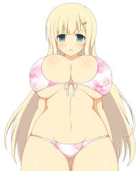 1girls ass_visible_through_thighs bikini blonde_hair female front-tie_bikini front_view green_eyes hairclip hands_behind_back huge_breasts ichiryuu_tsumiki light-skinned_female light_skin looking_at_viewer looking_down midriff navel open_mouth senran_kagura simple_background skindentation solo standing straight_hair thick_thighs thigh_gap very_long_hair white_background yomi_(senran_kagura)