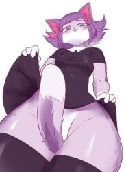 anthro artist_request black_dress black_legwear bottomless breasts cat_ears cat_tail convenient_censoring covering_pussy dress dress_lift female furry legwear masyunya masyunya_(vkontakte) no_panties purple_body purple_eyes purple_fur purple_hair smile tail_covering_pussy tongue_out