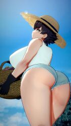 1girls 3d 3d_(artwork) aestheticc-meme alex/tomboy-chan alex_(aestheticc-meme) ass_focus basket big_ass big_breasts black_hair booty_shorts clothed clothing earring earrings eggplant farmgirl female female_focus female_only gloves green_eyes hat highres hotpants huge_breasts koikatsu large_breasts light-skinned_female light_skin original original_character outside short_hair shorts sky thick_thighs tomboy valiance very_short_hair white_shirt wide_hips