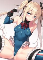 1girls armpits blonde_hair blue_eyes blue_leotard bowtie dead_or_alive elbow_gloves frilled_legwear frilled_leotard frills fuya_(tempupupu) leotard light-skinned_female long_gloves looking_at_viewer marie_rose marie_rose_(devilish_servant_against_the_splashing_waves) nipples_visible_through_clothing petite pussy_visible_through_clothes pussy_visible_through_leotard seductive seductive_smile smile solo spread_legs stockings teenage_girl teenager thighhighs tight_clothing twintails