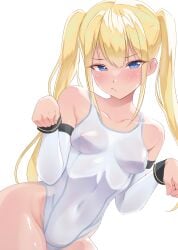 black_ribbon blonde_hair blue_eyes blush breasts dead_or_alive dead_or_alive_5 detached_sleeves female hair_ribbon hairband highres hitofuu_main looking_at_viewer marie_rose one-piece_swimsuit paw_pose ribbon sak1023 see-through_silhouette shiny shiny_skin simple_background solo swimsuit white_background