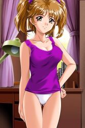 1girls brown_eyes brown_hair elf_(company) elf_all-stars_datsuijan female game_cg hand_on_hip kawarazaki_rei nipple_bulge no_skirt panties purple_topwear smile