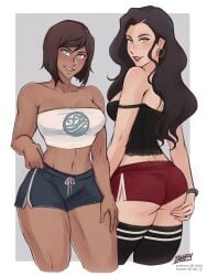 2girls asami_sato ass avatar_legends bare_shoulders black_camisole black_hair black_legwear black_shorts blue_eyes blush brown_hair camisole canon_couple chocolate_and_vanilla cropped_legs dark-skinned_female dark_skin earrings female female_only from_behind good_artwork green_eyes hoop_earrings human iahfy jewelry korra light-skinned_female long_hair multiple_girls navel nickelodeon red_shorts short_hair shorts strap_slip strapless the_avatar the_legend_of_korra thighhighs tube_top water_tribe