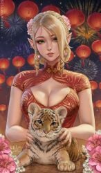 big_breasts blonde_female blonde_hair blonde_hair_female chinese_clothes chinese_dress fireworks green_eyes looking_at_viewer lunar_new_year mirco_cabbia myra_(sciamano240) new_year oc original original_character pointy_ears sciamano240 smile smiling smiling_at_viewer tiger