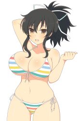 1girls ass_visible_through_thighs asuka_(senran_kagura) bikini black_hair cleavage female front-tie_bikini front_view hair_between_eyes hair_ornament ichiryuu_tsumiki large_breasts light-skinned_female light_skin looking_at_viewer medium_hair midriff navel one_arm_behind_head open_mouth ponytail senran_kagura sidelocks simple_background solo standing striped_bikini thick_thighs thigh_gap white_background yellow_eyes