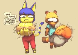 animal_crossing ankha ankha_(animal_crossing) anthro areola balls balls_outline big_balls big_breasts big_penis blue_hair bodily_fluids bottomwear breast_expansion breasts brown_areola brown_body bursting_out_of_clothing canid canine clothing dipstick_tail domestic_cat doubutsu_no_mori duo english_text exclamation_point felid feline felis female footwear frown genital_outline genitals hair huge_balls huge_breasts huge_cock hyper hyper_balls hyper_bimbo hyper_genitalia hyper_penis lactating lactating_through_clothing lactation leg_markings male mammal markings milk nairu_(doubutsu_no_mori) nintendo pants penis question_mark raccoon_dog sandals shirt shorts shortstack sixsidesofmyhead socks_(marking) striped_markings striped_tail stripes tail tail_markings tanuki tanukichi_(doubutsu_no_mori) text tom_nook top_heavy topwear wet wet_clothing yellow_body