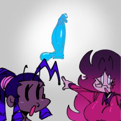 2girls dildo fanart felicia_the_magician linda_torres multiple_girls pointing pointing_soyjak redraw themoppe(artist) yuri