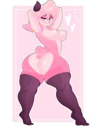 anthro anus back_view big_ass big_breasts big_butt big_ears big_thighs caprine heart horns jacksito_(artist) meery oc original original_character pink_body pink_eyes pink_hair pink_skin pink_wool pussy sheep simple_background smile socks tail