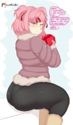 1girls ass big_ass boots bubble_butt clothing dialogue doki_doki_literature_club female female_only jacket large_ass lewddoodler looking_at_viewer looking_back natsuki_(doki_doki_literature_club) pantylines pink_hair pout solo talking_to_viewer text thick_thighs tsundere ugg_boots