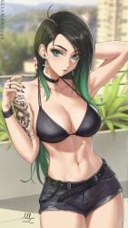 april_(sciamano240) black_bra black_choker black_hair bra breasts choker cross_earrings cyan_eyes earrings female green_hair light-skinned_female light_skin long_hair mirco_cabbia oc original original_character sciamano240 skull_tattoo tattoo