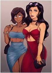 2girls abs arm_around_back arm_around_partner arm_around_shoulder arm_around_shoulders arm_around_waist artist_name asami_sato asymmetrical_clothes avatar_the_last_airbender bag bandeau bangle bare_shoulders beauty_mark big_breasts black-framed_eyewear black_choker black_hair blue_eyes blue_skirt bob_cut bracelet breasts brown_hair canon_couple chocolate_and_vanilla choker cleavage cocktail_dress collarbone commentary couple cowboy_shot cute dark-skinned_female dark_skin date date_night dress eyelashes eyeliner eyeshadow eyewear_on_head fancy_clothing female female_only fit_female front-tie_top fully_clothed gradient_background green_eyes grey_background handbag happy happy_couple holding_hands iahfy jewelry korra large_breasts light-skinned_female light_blush light_smile lipstick long_hair long_skirt looking_at_viewer makeup married_couple medium_breasts medium_hair midriff mole mole_on_breast multiple_girls muscular muscular_female navel nickelodeon parted_lips pencil_skirt purse red_dress red_lips ring shiny_skin short_hair side-by-side simple_background six_pack skirt skirt_set sleeveless sleeveless_dress smile spaghetti_strap standing stomach strapless sunglasses sunglasses_on_head swimsuit the_legend_of_korra thick_thighs toned toned_female tube_top wavy_hair wedding_ring wholesome wide_hips wife_and_wife yuri