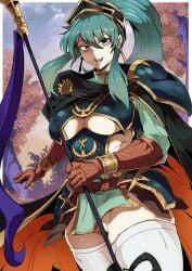 >:) 1girls alternate_costume alternate_hairstyle aqua_eyes bare_thighs blue_eyes blue_hair breasts cape eirika_(fire_emblem) eirika_(pledged_restorer)_(fire_emblem) female female_only fire_emblem fire_emblem:_the_sacred_stones fire_emblem_heroes gloves long_hair looking_at_viewer masturbation medium_breasts nintendo no_panties official_alternate_costume official_alternate_hairstyle open_mouth pelvic_curtain pinkseito ponytail pussy rubbing_pussy smile smug solo spear teal_eyes teal_hair thick_thighs thighhighs underboob weapon